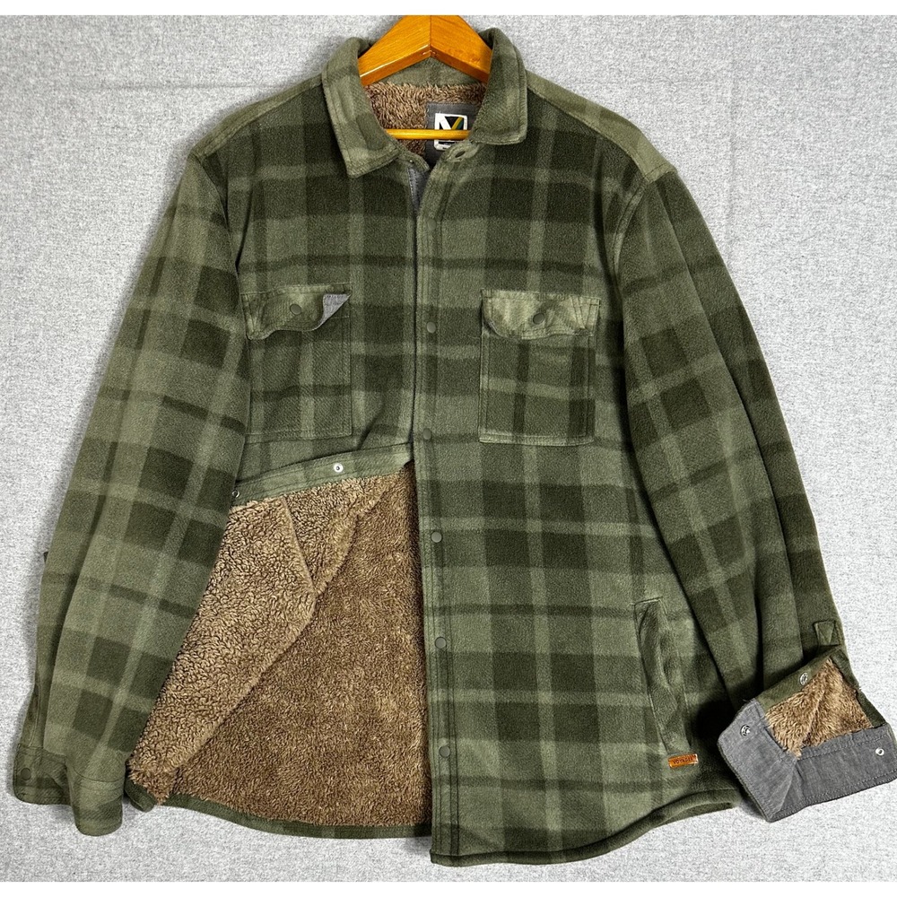 Voyager Flannel Shirt Jacket Mens 2XL Green Plaid Sherpa Lined Heavy Duty